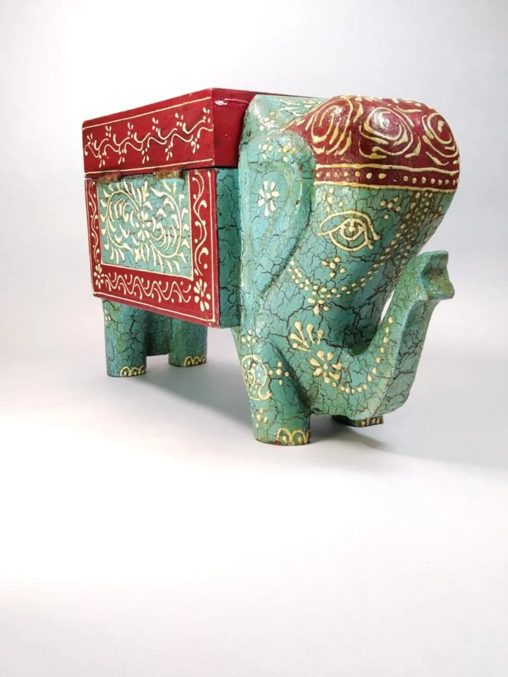 Hand Painted Wooden Elephant Jewelry Trinket Storage Box